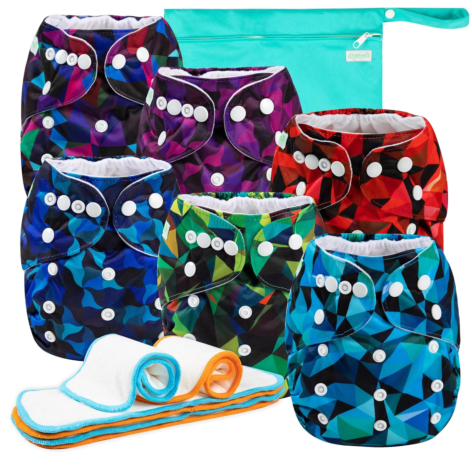 Resuable Baby Cloth Diapers, 6-Pack, 6 Inserts, 1 Wet Bag