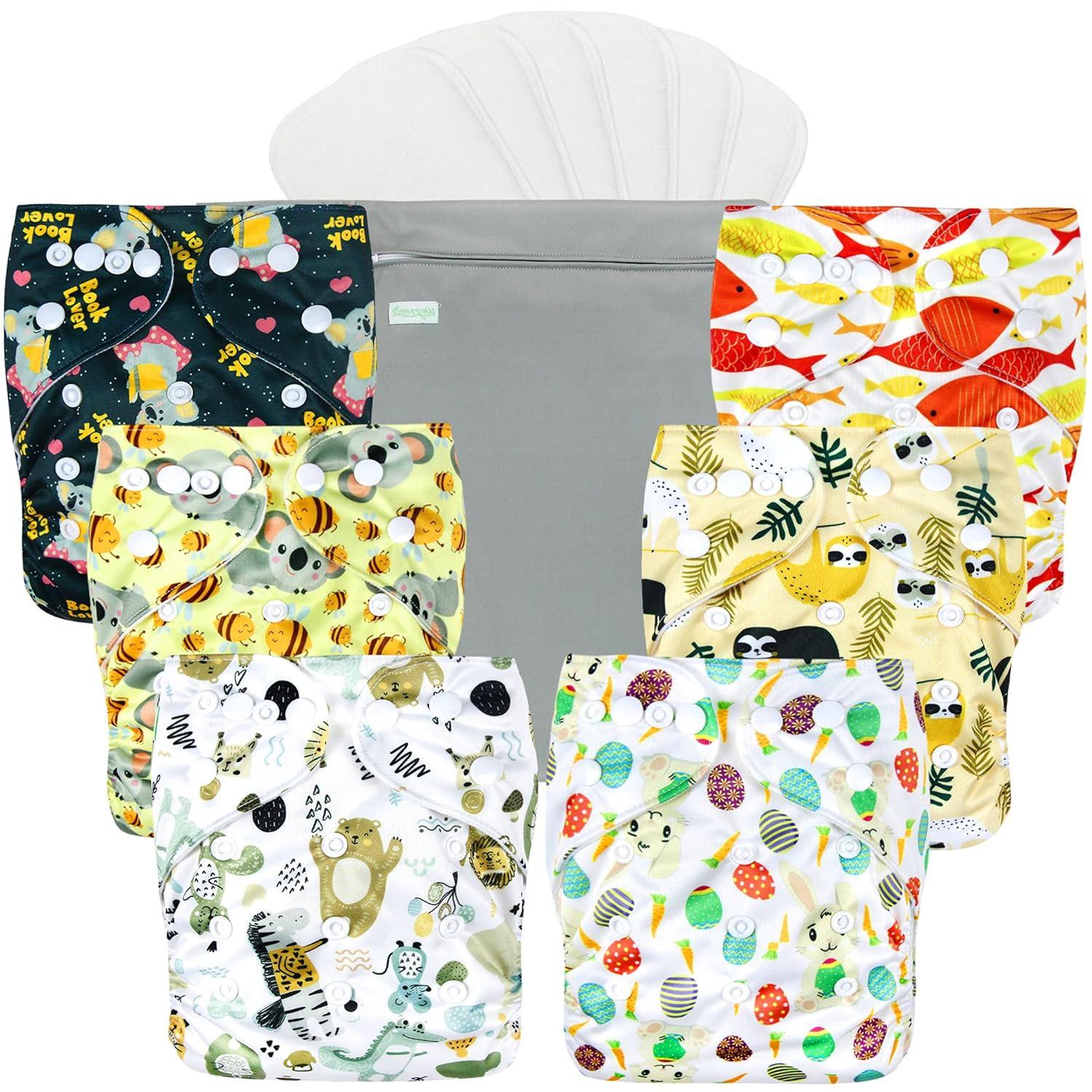 Resuable Baby Cloth Diapers, 6-Pack, 6 Inserts, 1 Wet Bag