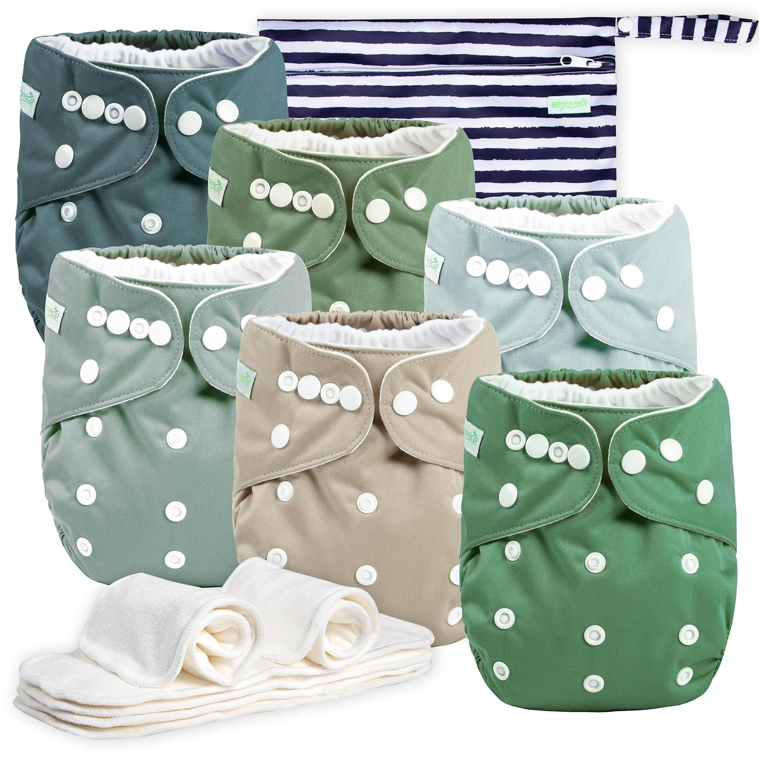 Resuable Baby Cloth Diapers, 6-Pack, 6 Inserts, 1 Wet Bag