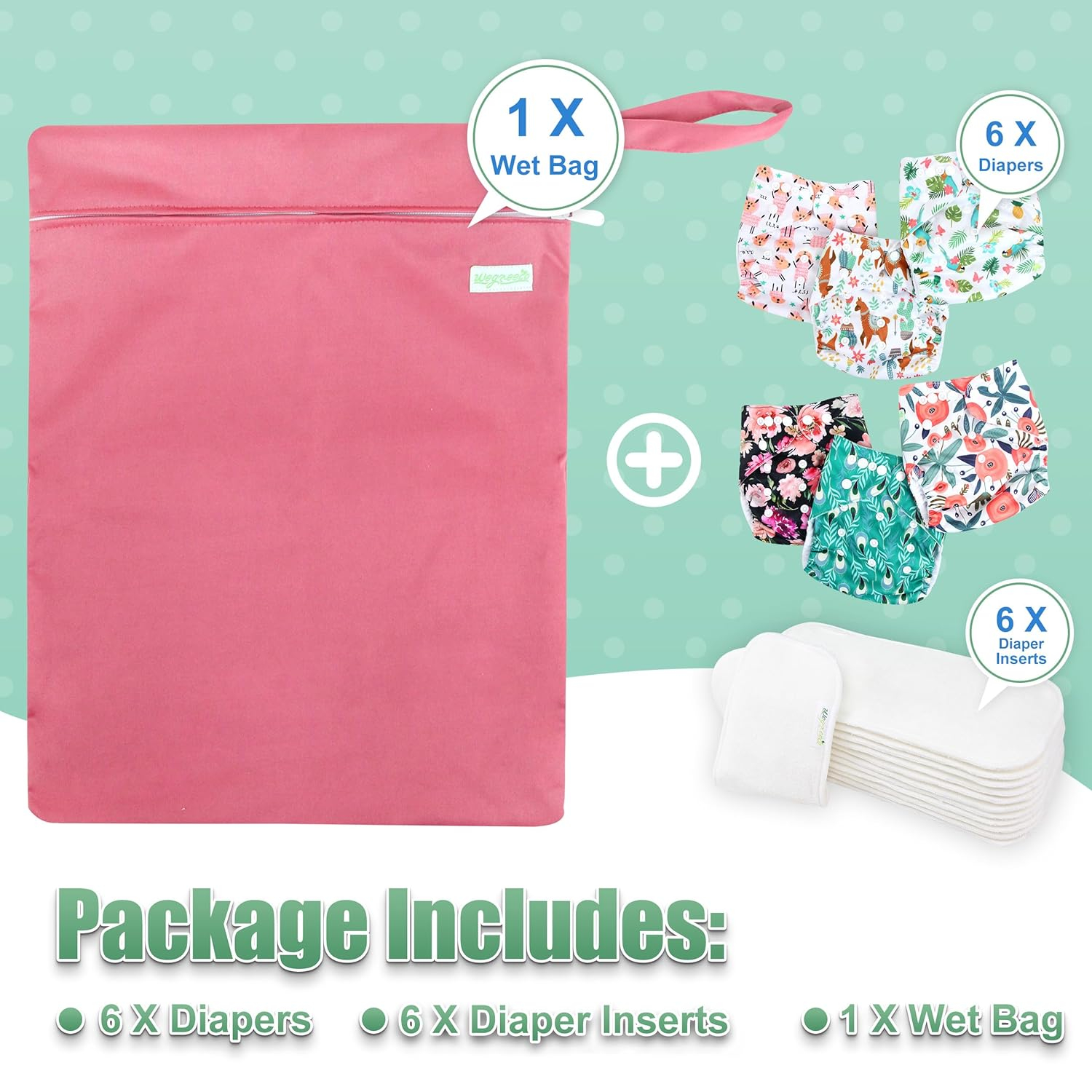 Resuable Baby Cloth Diapers, 6-Pack, 6 Inserts, 1 Wet Bag