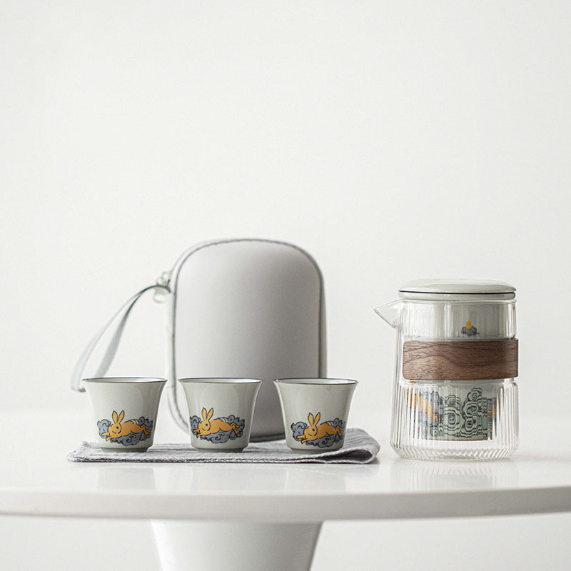 Golden Rabbit Travel Tea Set with Case, 1 Teapot+3 Cups 300ml