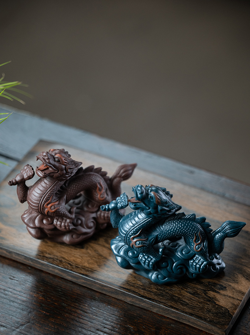 Ceramic Chinese Dragon Figurine, Made of Yixing Zisha Clay Handmade Tea Pet Set,