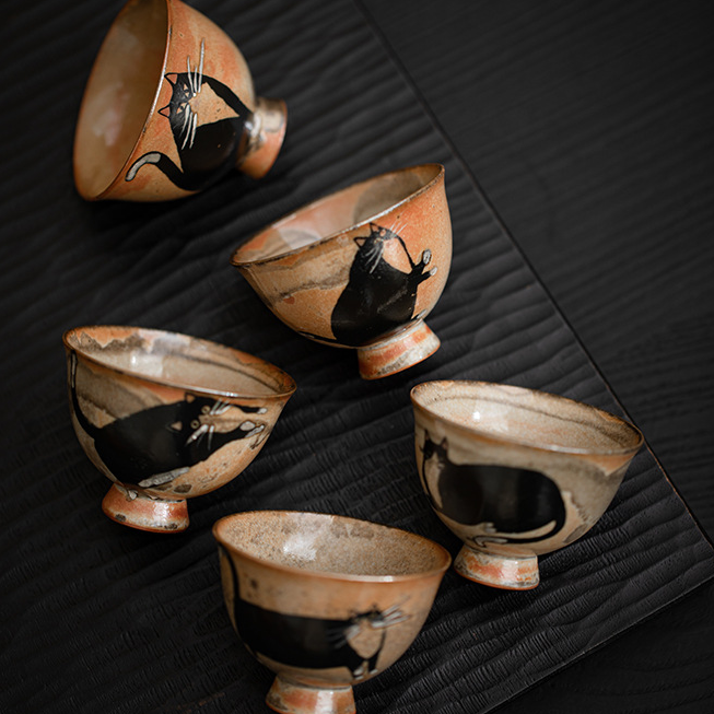 Japnese Shino Ware Style Black Cat Tea Cup 60ml