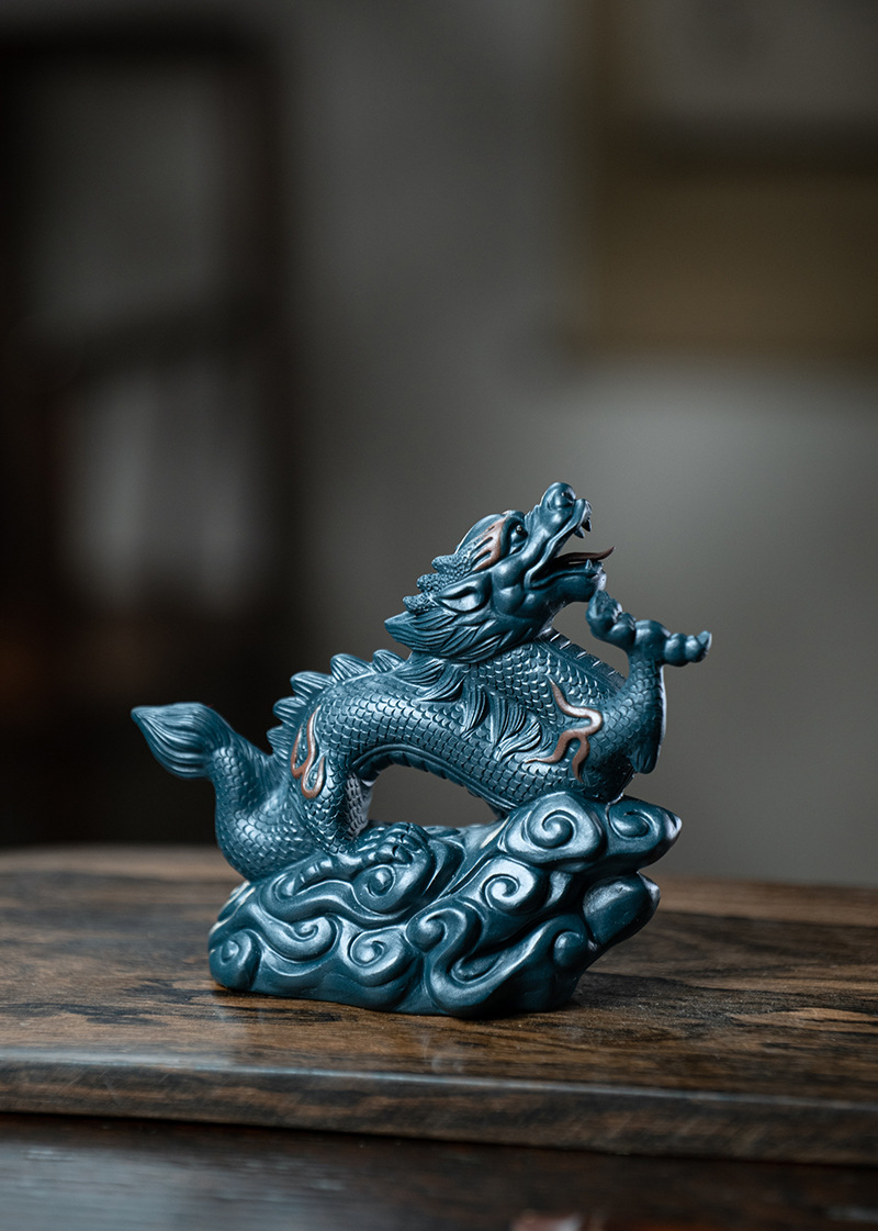 Ceramic Chinese Dragon Figurine, Made of Yixing Zisha Clay Handmade Tea Pet Set,