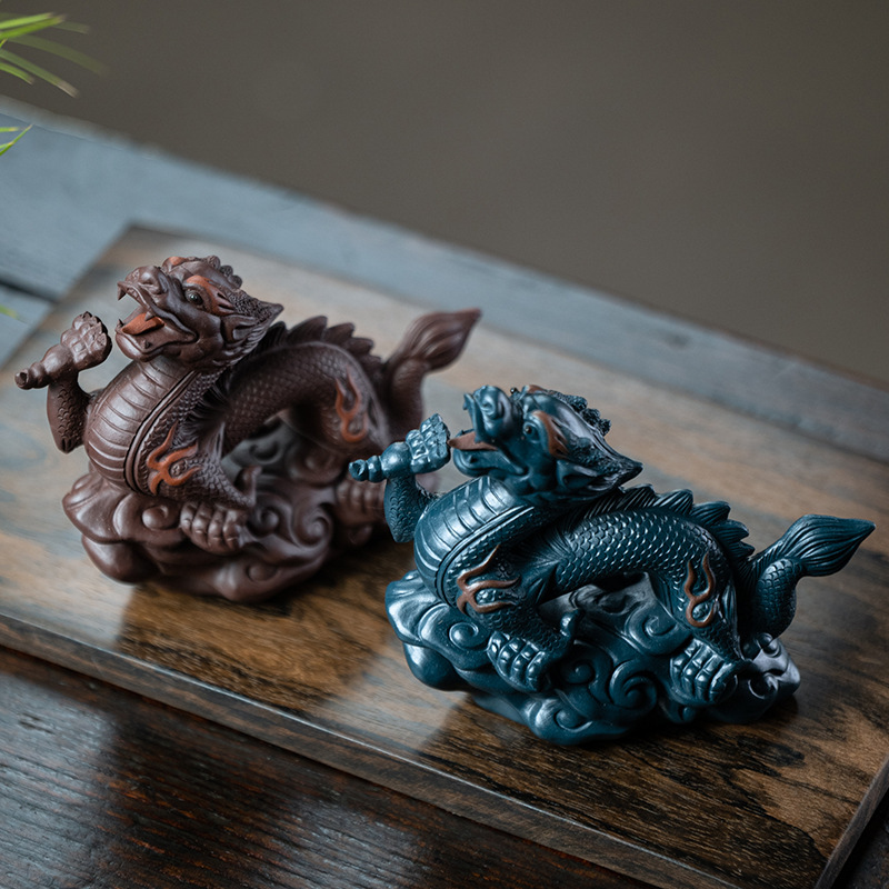 Ceramic Chinese Dragon Figurine, Made of Yixing Zisha Clay Handmade Tea Pet Set,