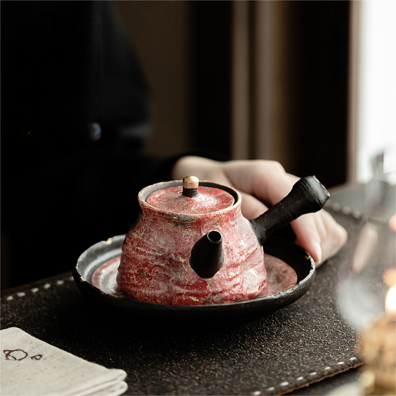 Japanese Style Red Stoneware Saucer For Teapots