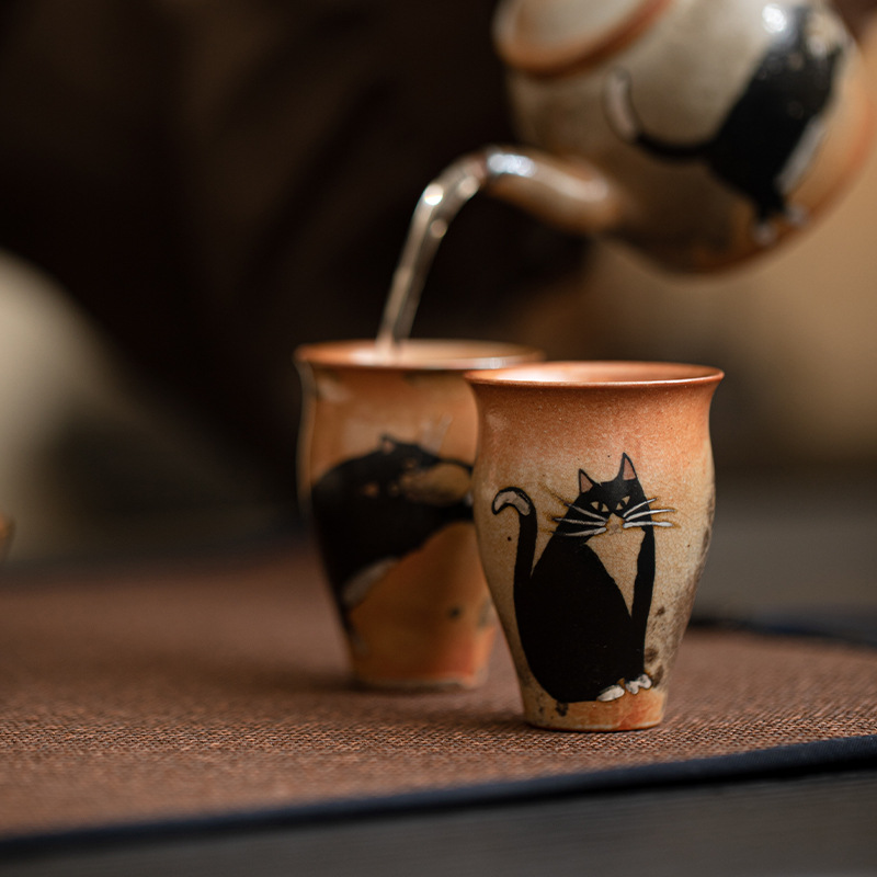 Japanese Shino Ware Style Black Cat Tea Cup 50ml