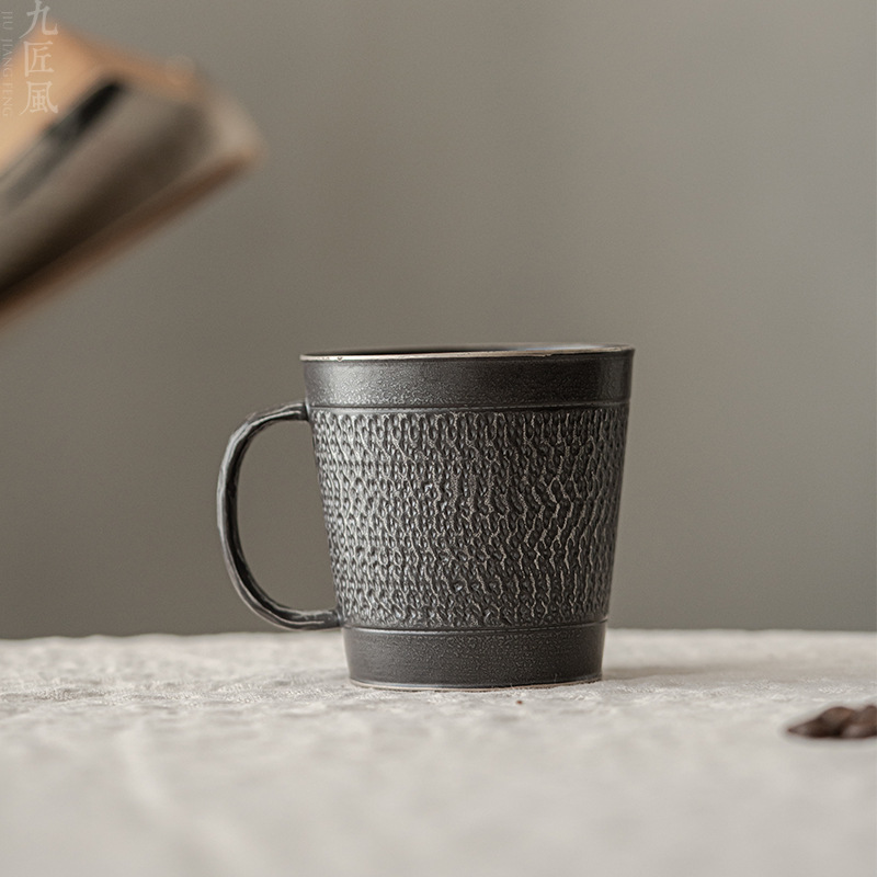 Black Iron Mug, Stoneware Coffee Mug with Saucer Set 350ml, Handmade Pottery Mug