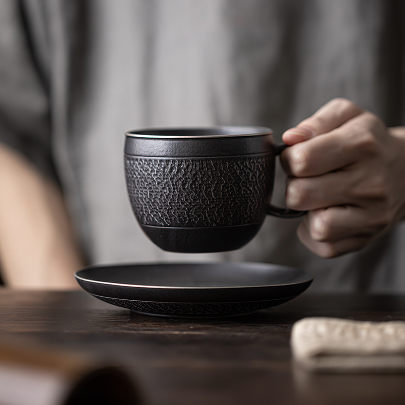 Black Iron Mug, Stoneware Coffee Mug with Saucer Set 250ml, Handmade Pottery Mug