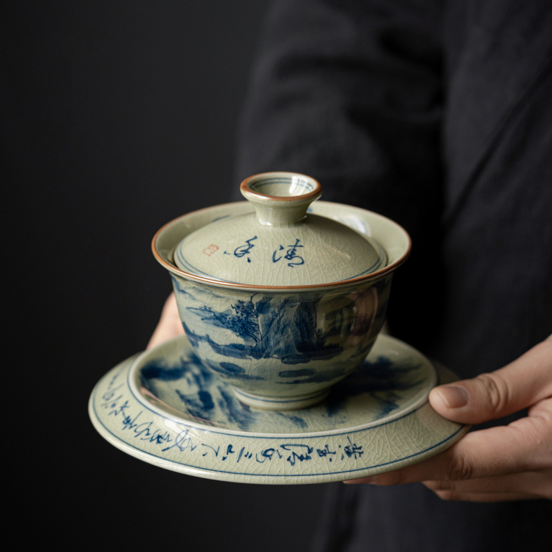 Porcelain Gaiwan Tea Set with Landscape and Calligraphy Pattern, Blue and White Porcelain Jingdezhen Pottery