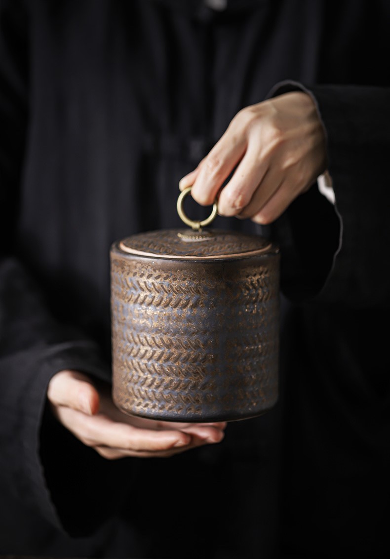 Stoneware Tea Canister 350ml, Japanese Style Rust-Glazed