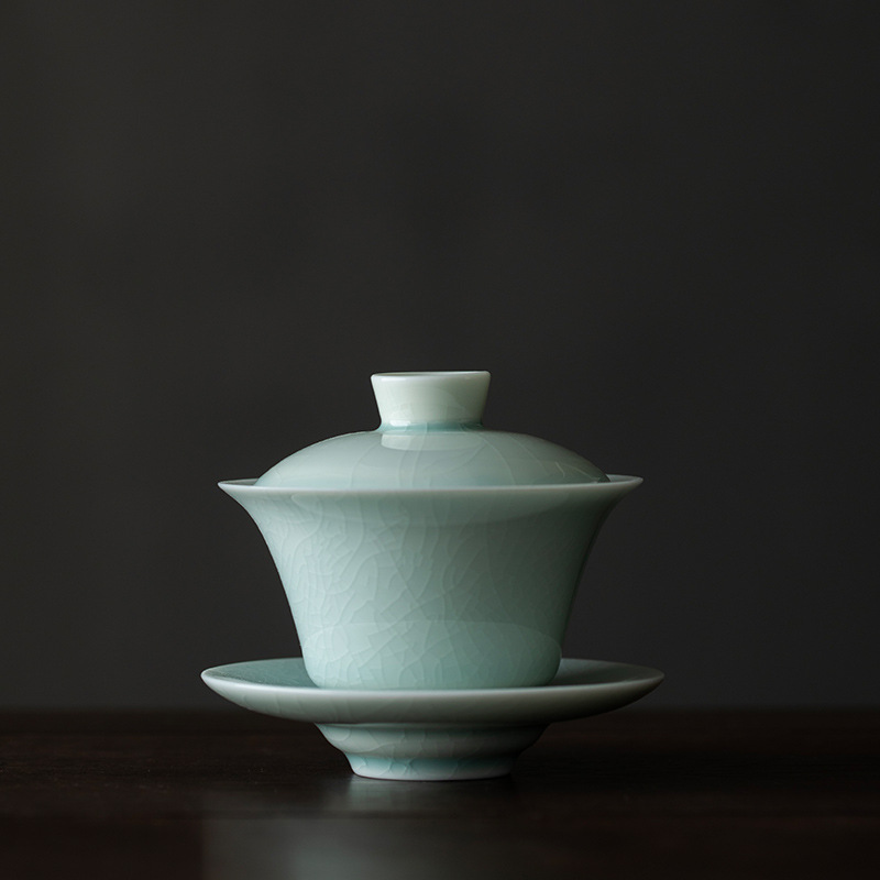 Porcelain Gaiwan Tea Set, Gaiwan+Saucer, Lake Cyan/Lime White Chinese Porcelain