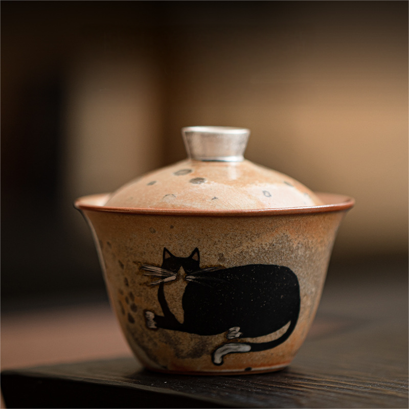 Japanese Shino Ware Style Black Cat Gaiwan 100ml