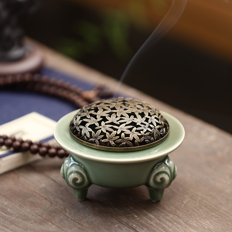 Traditional Celadon Incense Burner with Copper Cover 
