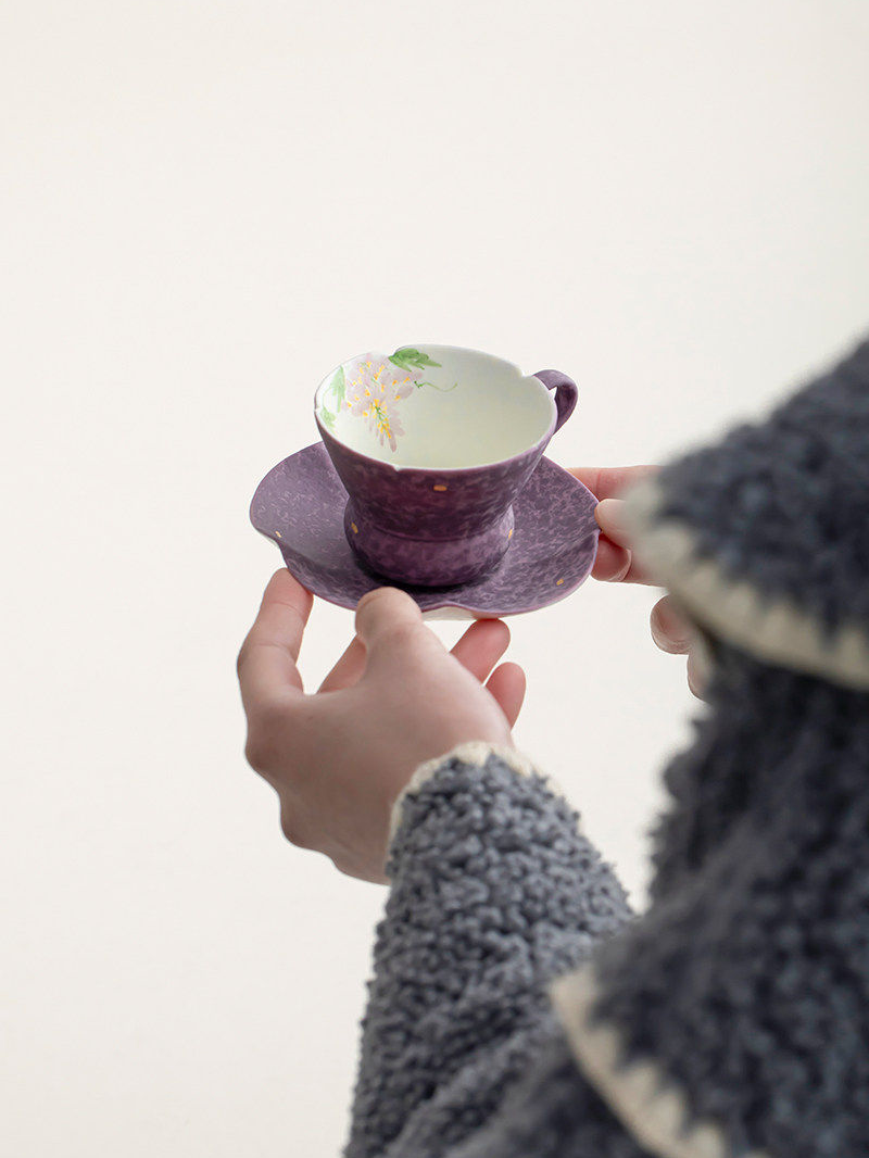 Purple Mug with Saucer 80ml, Wisterias