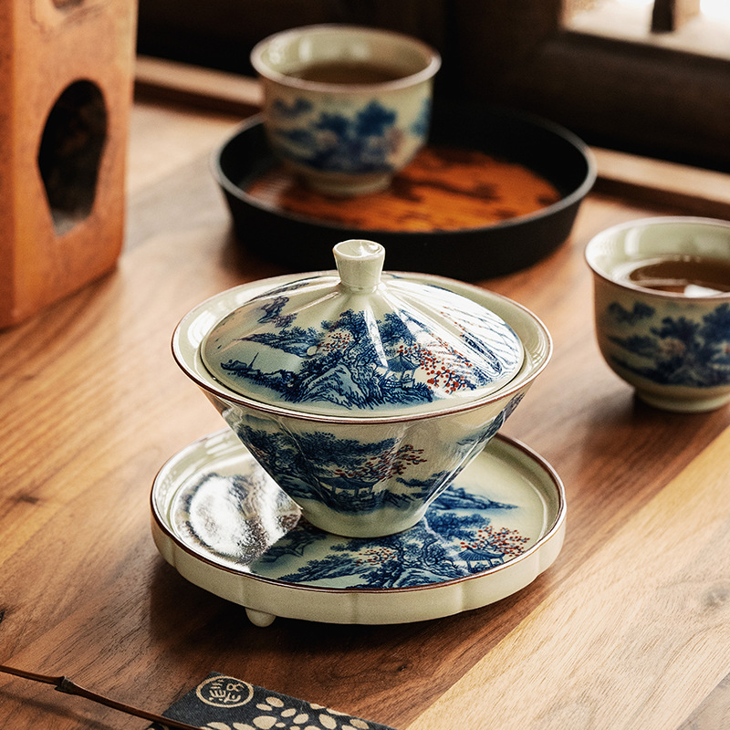 Porcelain Gaiwan Tea Set 130ml, Blue and White Landscape Pattern