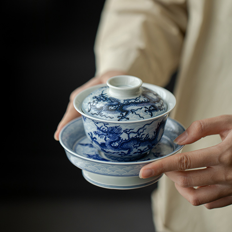 Chinese Dragon Gaiwan Set, Blue and White Porcelain
