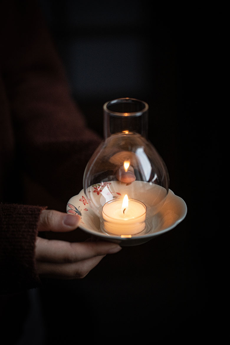 Japanese Style Tealight Candle Holder, Glass Shade+Porcelain Tray with Flower Pattern, Tea Room Decor