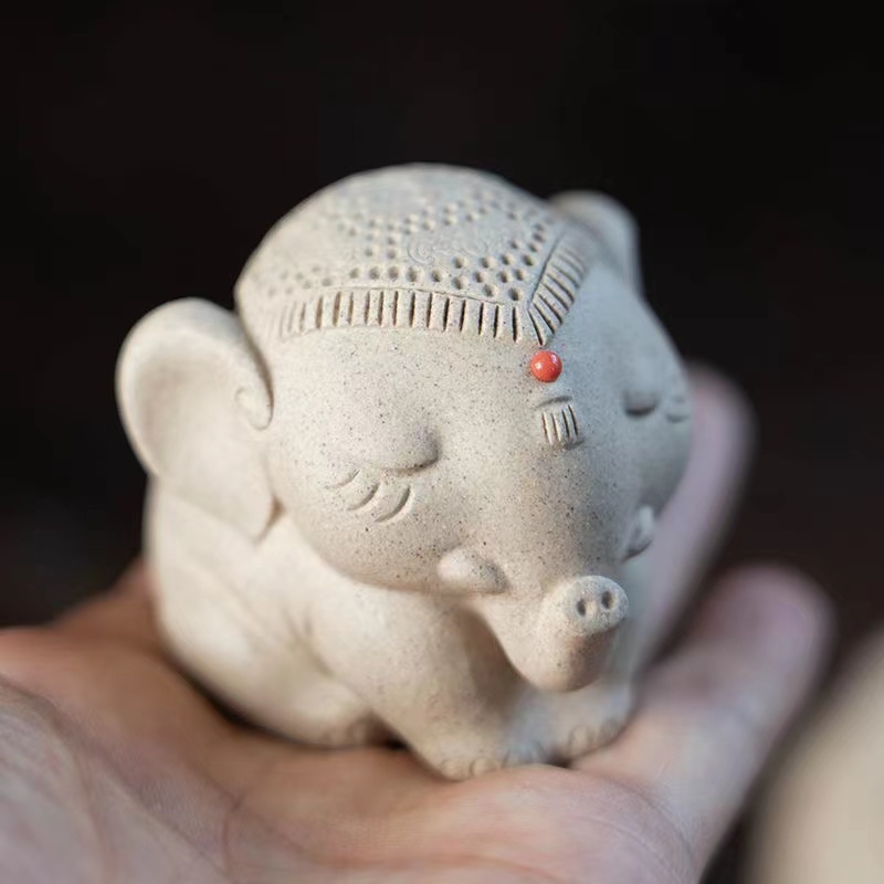 Baby White Elephant Figurine, Handmade Ceramic Tea Pet, Made of Yixing Zisha Clay