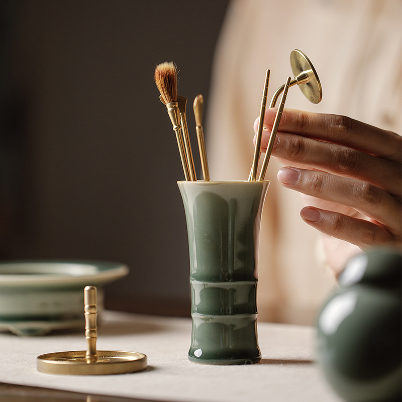 Vintage Style Brass Incense Tool Set with Celadon Ceramic Container, Incense Making Tool Kit