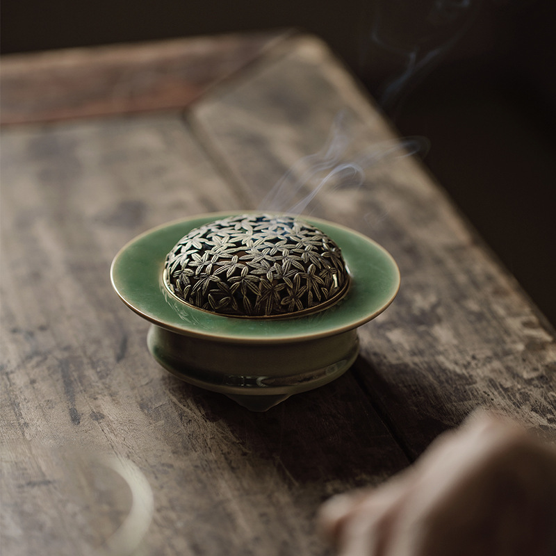 Minimal Style Celadon Incense Burner with Copper Cover and Flower Pattern