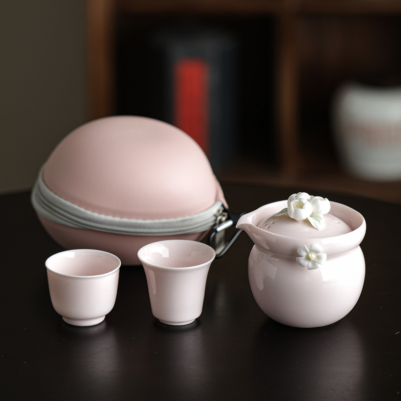 Pink Flower Travel Tea Set with Case, 1 Teapot+2 Cups 140ml
