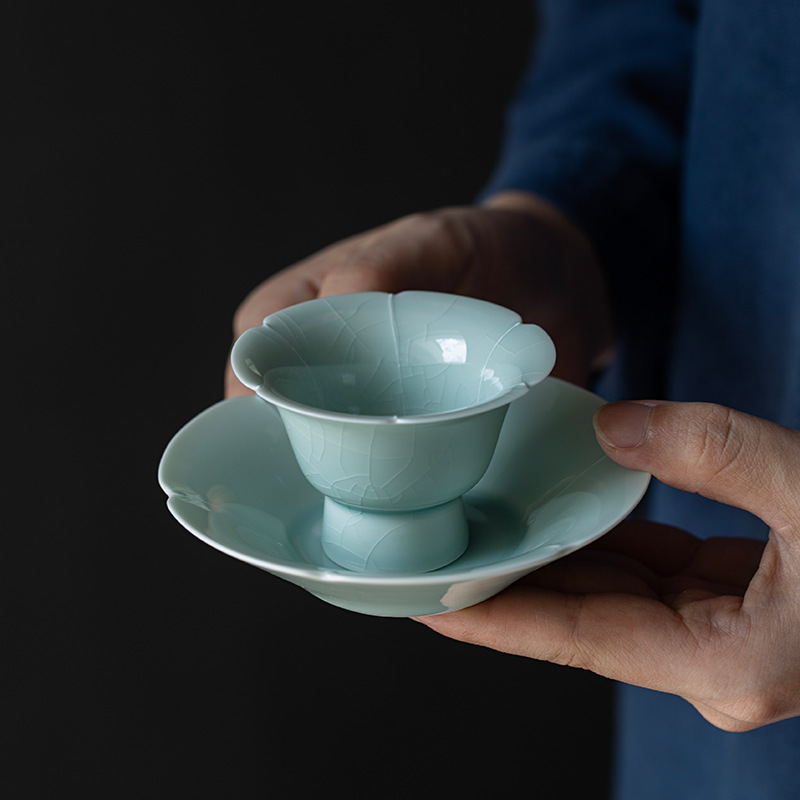 Ice Flower Tea Cup with Saucer 60ml, Misty Blue Ice Crackle Glaze, Chinese Kung Fu Tea Cup Set