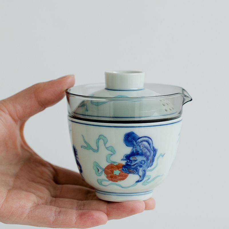 Lion/Dragon Pattern Travel Tea Set, 1 Glass Teapot+1 Ceramic Cup