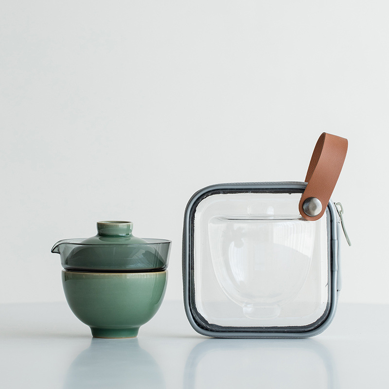 Marble Green Travel Tea Set, 1 Glass Teapot+ 1Ceramic Cup