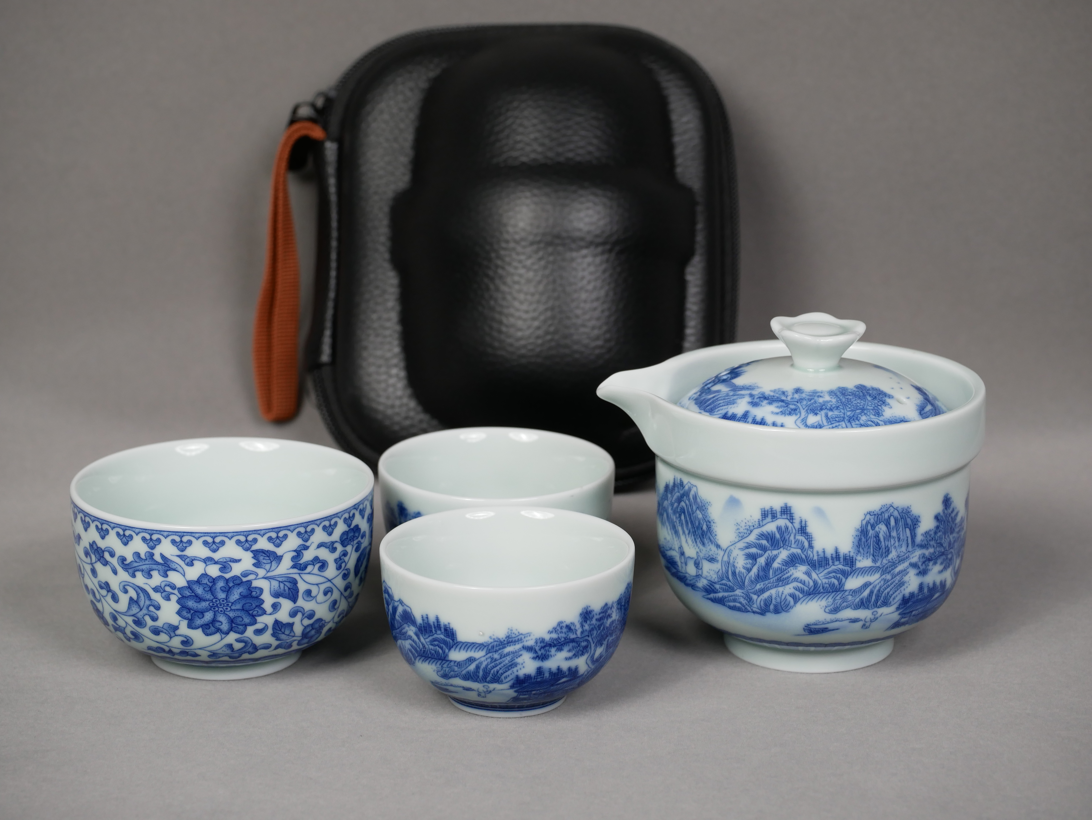 Blue-and-White Porcelain Travel Tea Set, 1 Teapot+3 Cups, Traditional Chinese Landscape Imagery 200ml