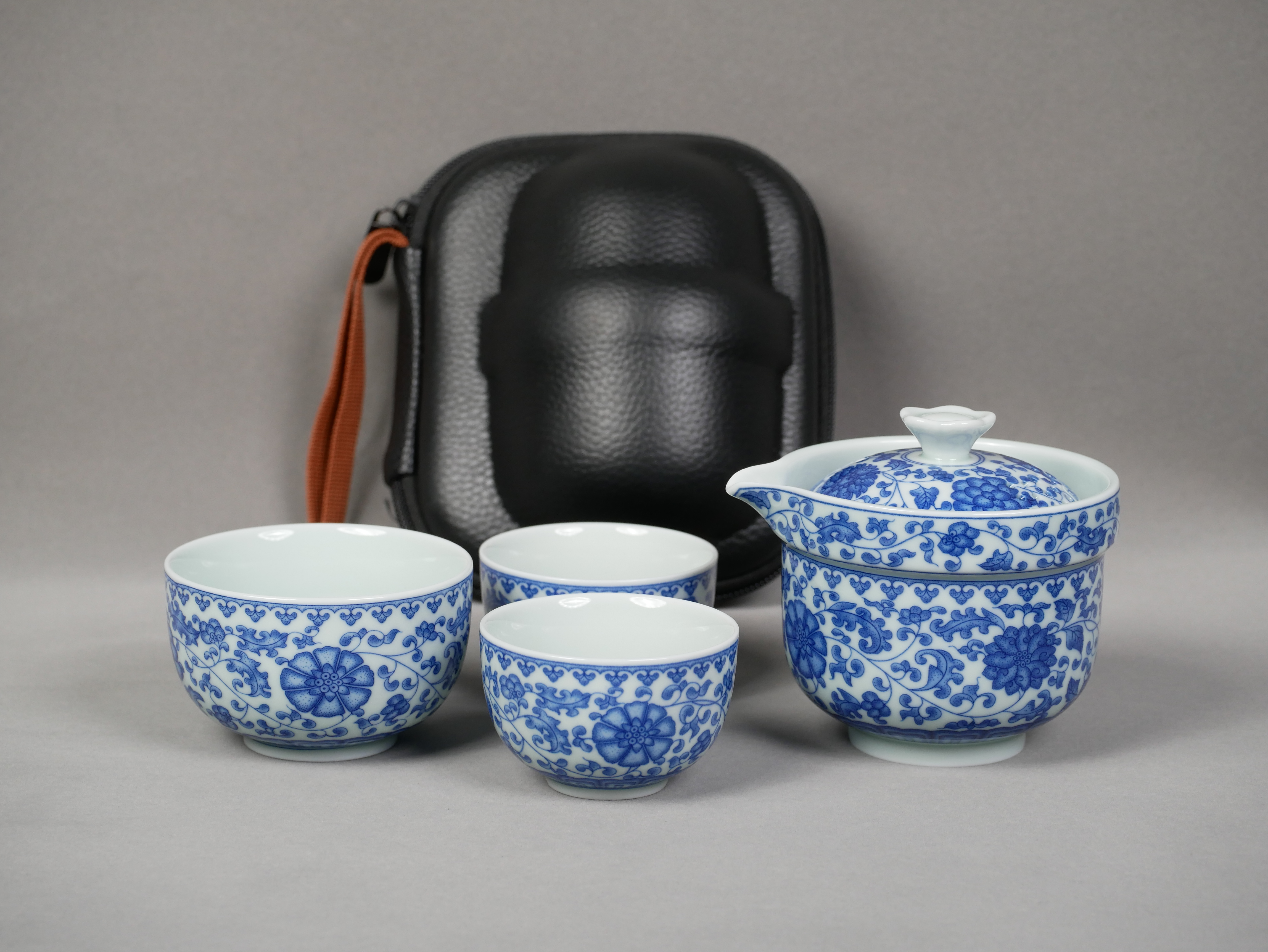 Blue-and-White Porcelain Travel Tea Set, 1 Teapot+3 Cups, Traditional Chinese Lotus Imagery 200ml