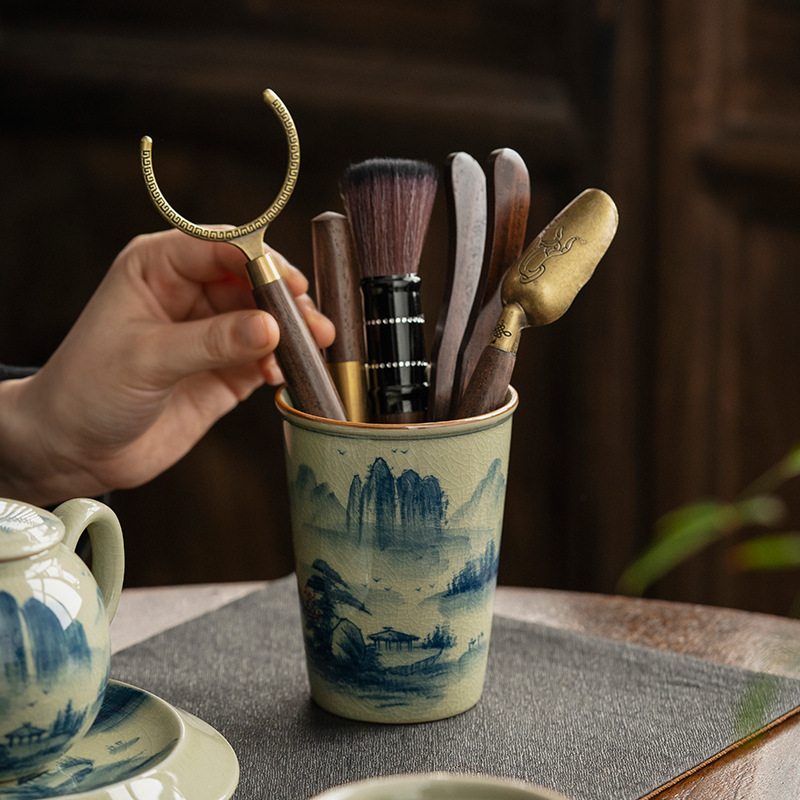 Tea Ceremony Tool Kit, Kung Fu Tea Accessories Set with Landscape Ceramic Container, Blue and White Jingdezhen Pottery