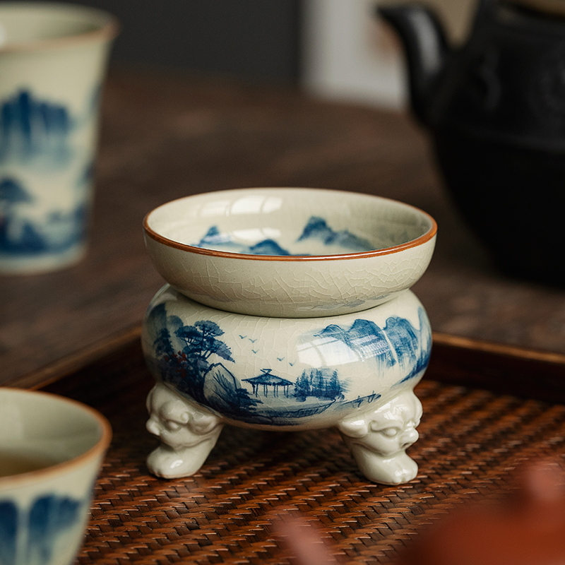 Landscape Strainer Set, Porcelain Stainer+Holder, Blue and White Jingdezhen Pottery
