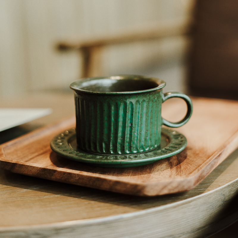 Fambe Green Stoneware Mug with Saucer, Japanese Vintage Style Coffee Cup Set 150ml