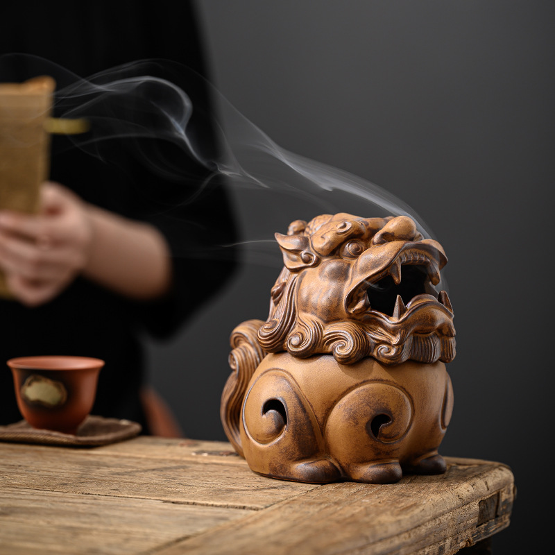 Lion Incense Burner, Handmade Ceramic Pottery Vintage Look Incense Burner Lion Figurine