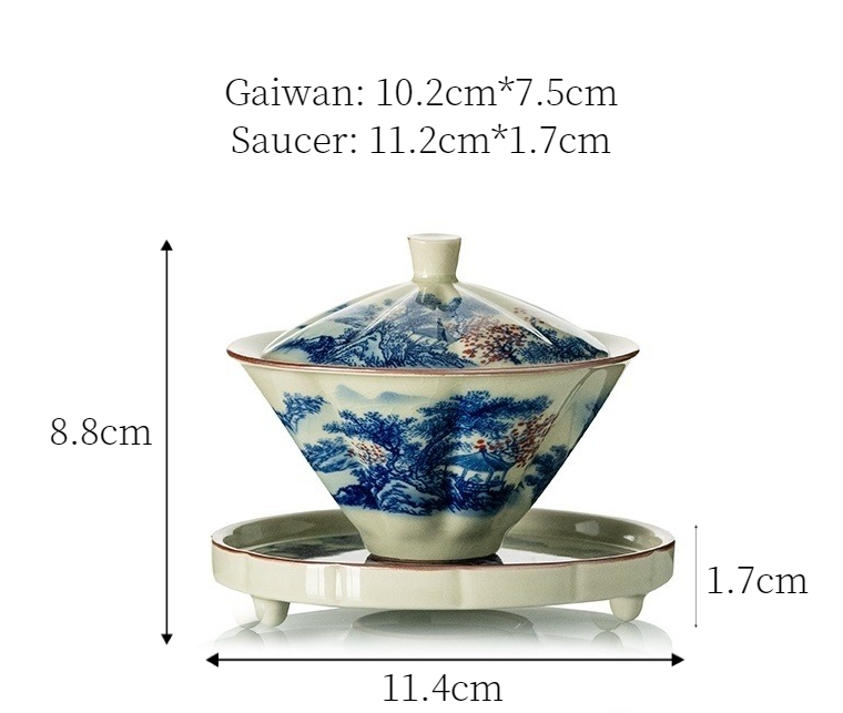 Porcelain Gaiwan Tea Set 130ml, Blue and White Landscape Pattern