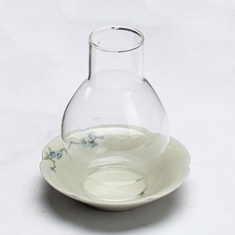 Japanese Style Tealight Candle Holder, Glass Shade+Porcelain Tray with Flower Pattern, Tea Room Decor