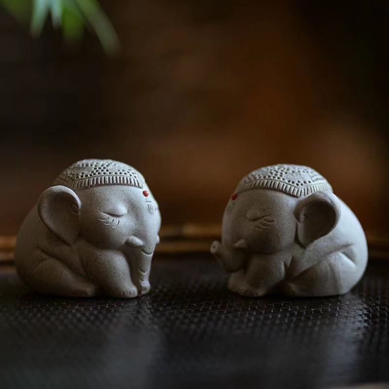 Baby White Elephant Figurine, Handmade Ceramic Tea Pet, Made of Yixing Zisha Clay
