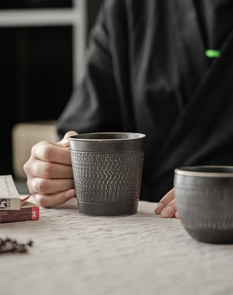 Black Iron Mug, Stoneware Coffee Mug with Saucer Set 350ml, Handmade Pottery Mug