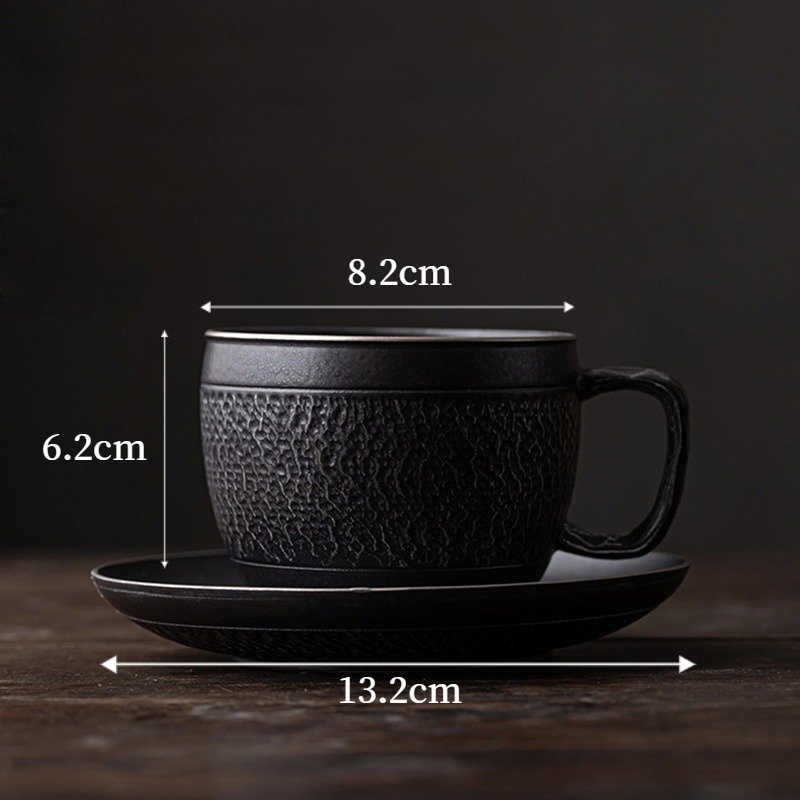 Black Iron Mug, Stoneware Coffee Mug with Saucer Set 250ml, Handmade Pottery Mug