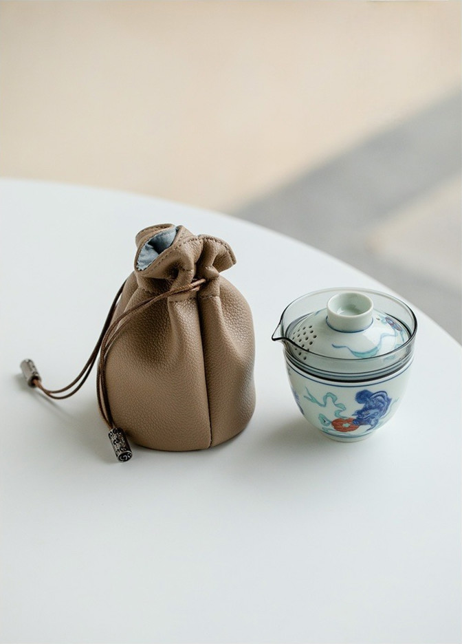 Lion/Dragon Pattern Travel Tea Set, 1 Glass Teapot+1 Ceramic Cup