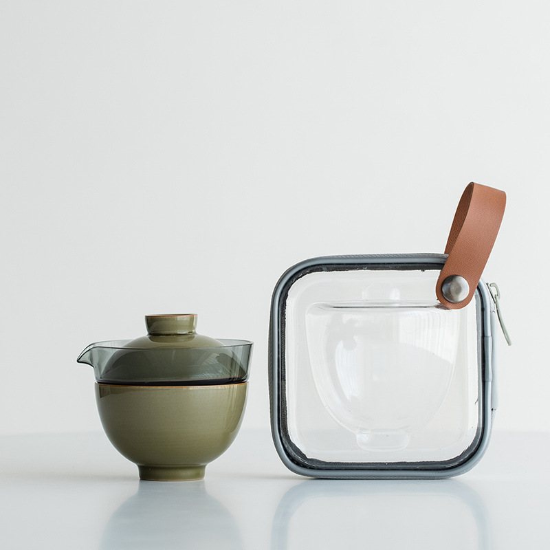 Marble Green Travel Tea Set, 1 Glass Teapot+ 1Ceramic Cup