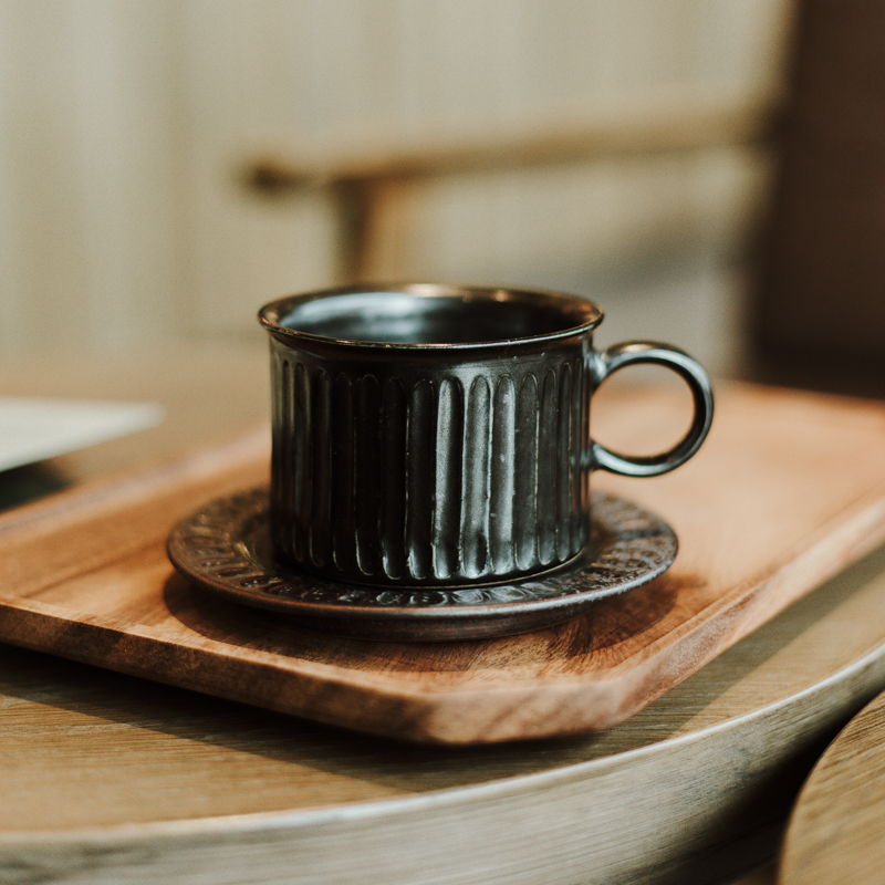 Fambe Green Stoneware Mug with Saucer, Japanese Vintage Style Coffee Cup Set 150ml