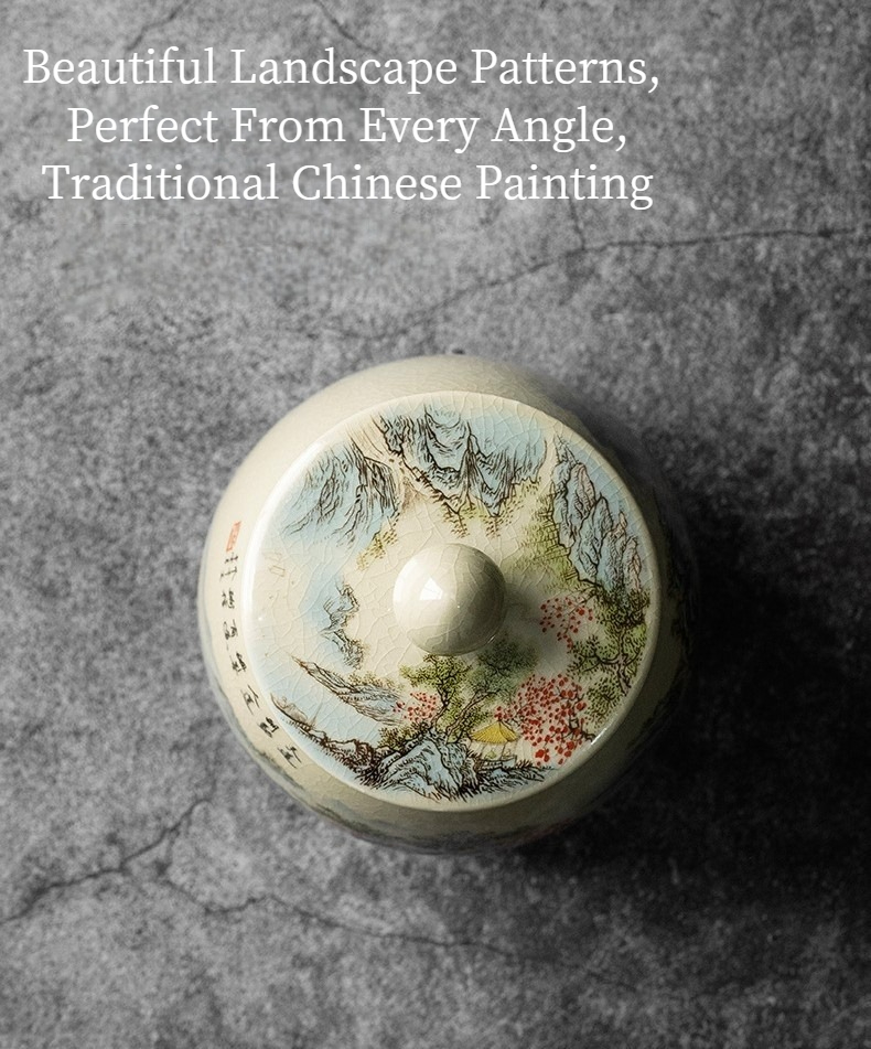 Tea Canister Landscape and Calligraphy 300ml, Blue and White Jingdezhen Pottery