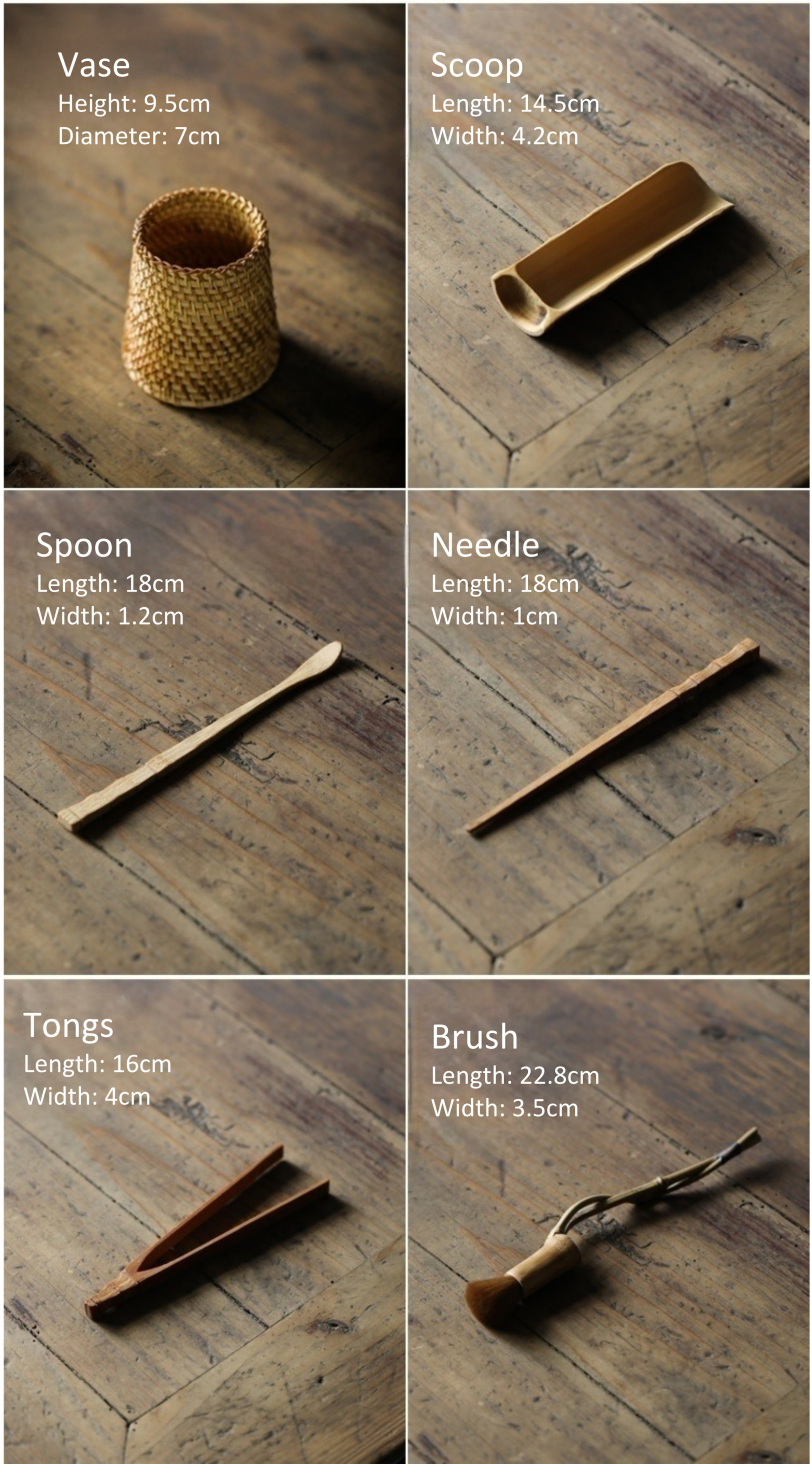 Tea Ceremony Accessories Set, Natural Bamboo Toolkit (Spoon, Scoop, Tongs, Pick, Tea Brush, Vase)