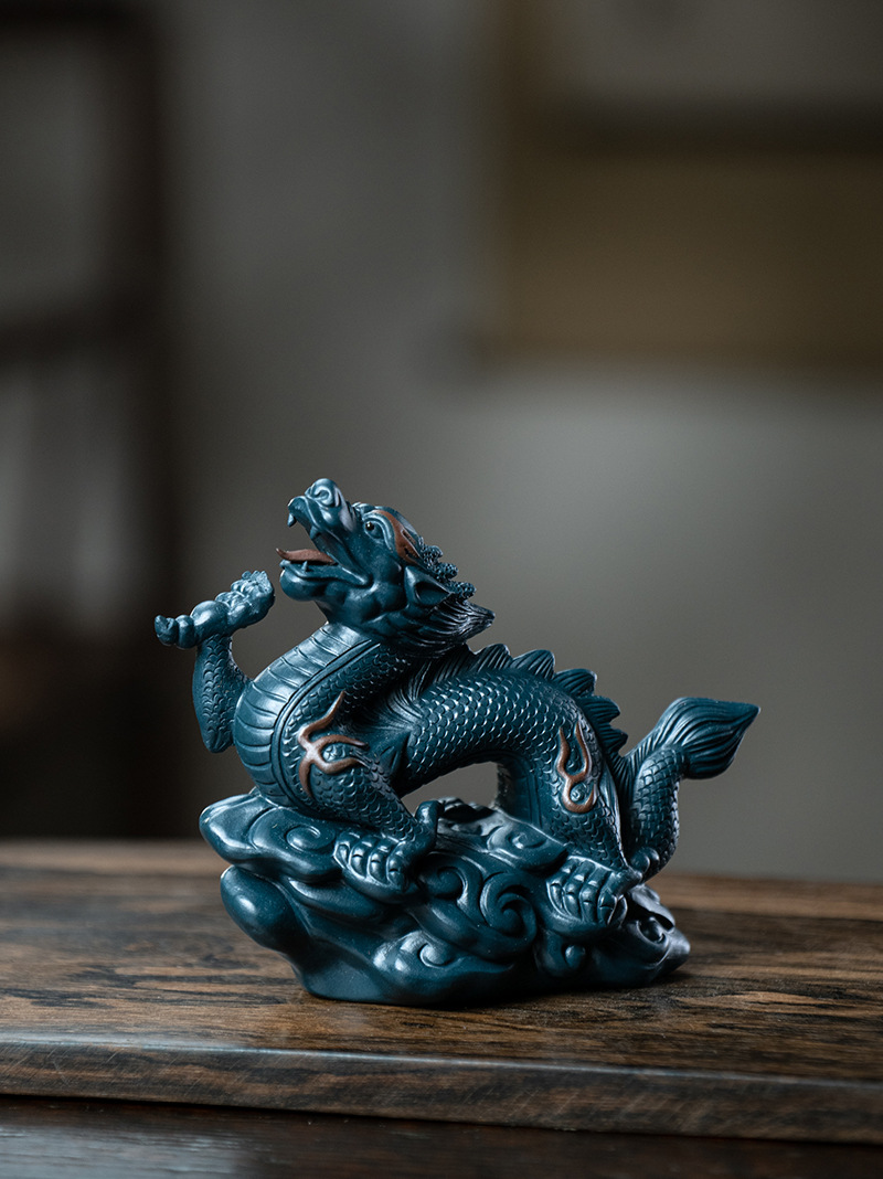 Ceramic Chinese Dragon Figurine, Made of Yixing Zisha Clay Handmade Tea Pet Set,