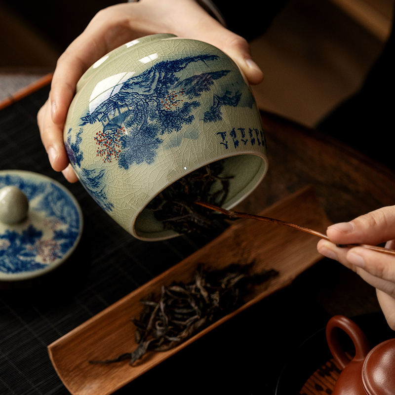 Tea Canister Landscape and Calligraphy 300ml, Blue and White Jingdezhen Pottery