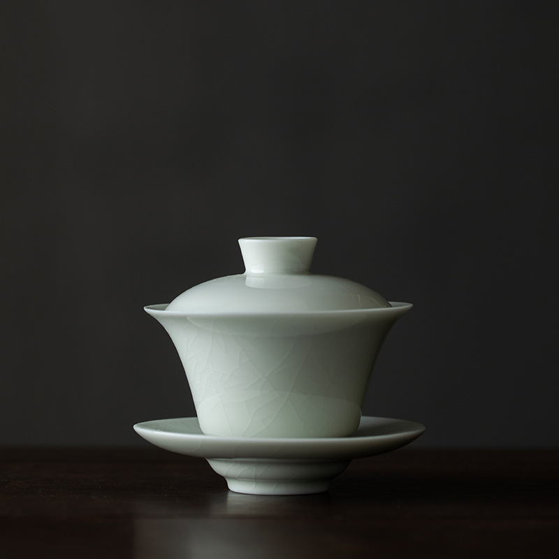 Porcelain Gaiwan Tea Set, Gaiwan+Saucer, Lake Cyan/Lime White Chinese Porcelain