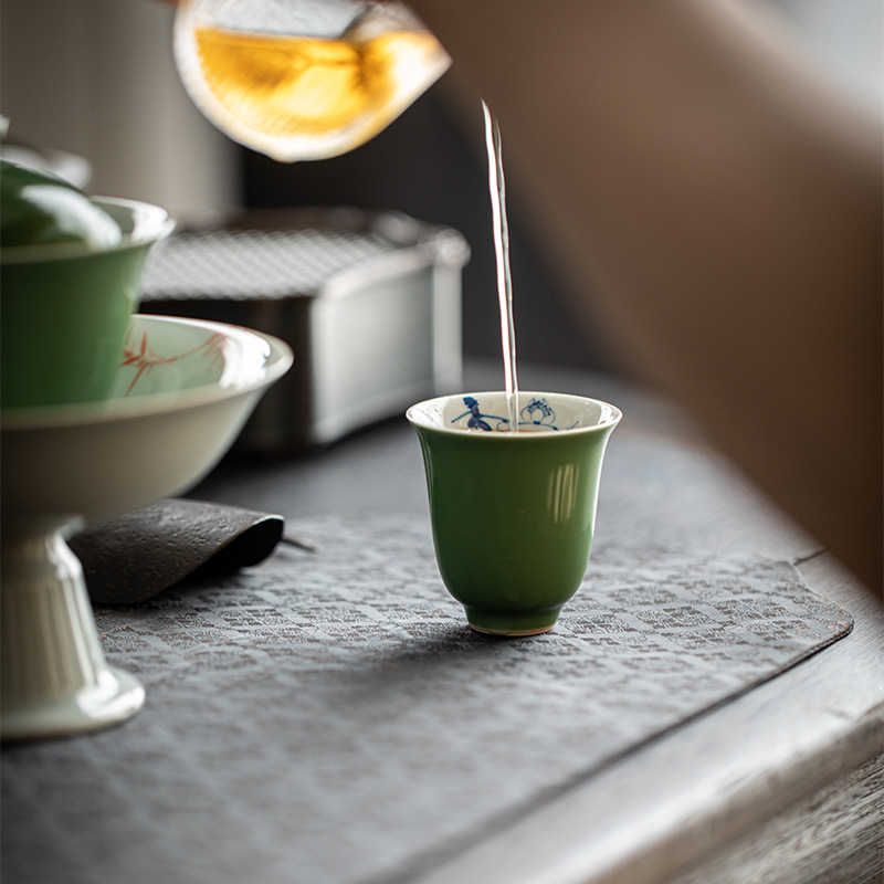 Pine Green Tea Cups Set*4 PCS with Flower Deco