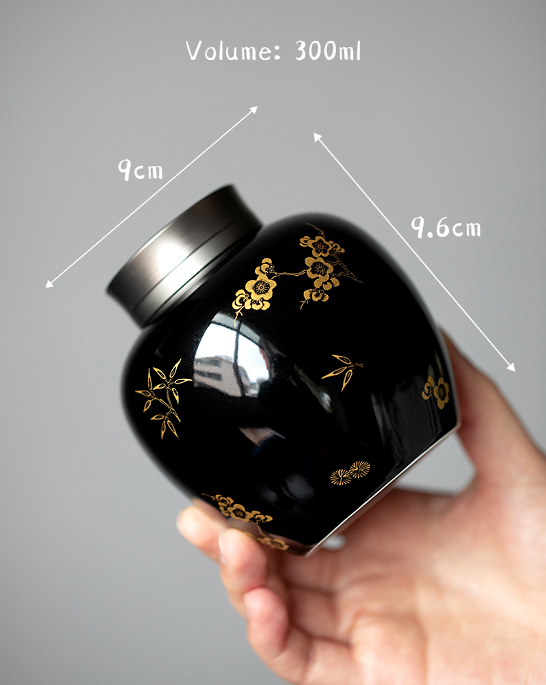 Black Porcelain Tea Canister with Glod Flower Pattern 300ml